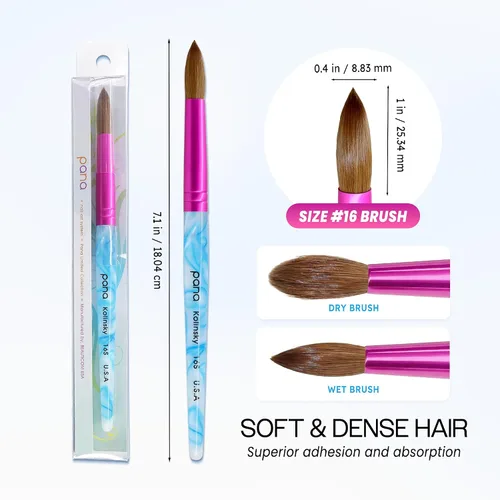 Miniatura 4 de PANA Pure Kolinsky Hair - Pincel para uñas acrílicas de pelo, forma redonda, virola rosa con mango azul con remolino blanco (tamaño 16)
