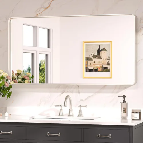 Miniatura 32 de Keonjinn Espejos de baño negros para sobre el fregadero, espejos cuadrados grandes de 36 x 36 pulgadas para pared, espejo rectangular redondeado