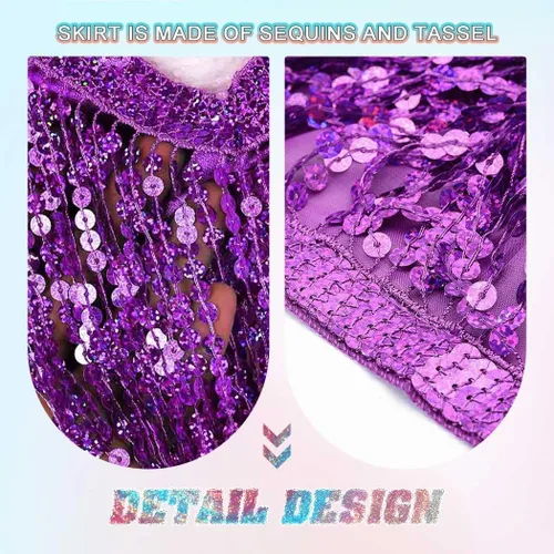 Miniatura 4 de REETAN Falda Boho para danza del vientre con lentejuelas, mascada de cadera con flecos y borlas falda para fiestas, bailes,actuaciones y disfraces