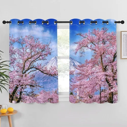 Miniatura 103 de Cortinas japonesas con pintura de tinta, monte Fuji, sol rojo, puesta de sol, hojas de bambú, cortinas de ventana para dormitorio, sala de estar