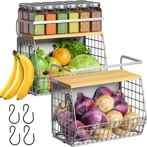 Miniatura 25 de Juego de 2 estantes magnéticos para refrigerador con tapa de madera, contenedores de almacenamiento de papas y cebollas, organizadores y Negro