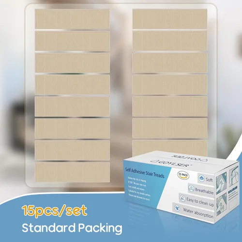 Miniatura 6 de GOYLSER Peldaños antideslizantes para escaleras de madera en interiores, 15 piezas de alfombrillas para escalones beige con respaldo de goma