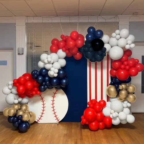 Miniatura 6 de Kit de arco de globos rojos, blancos y azules, guirnalda de globos dorados metálicos con globos de confeti para graduación, béisbol, patriótico