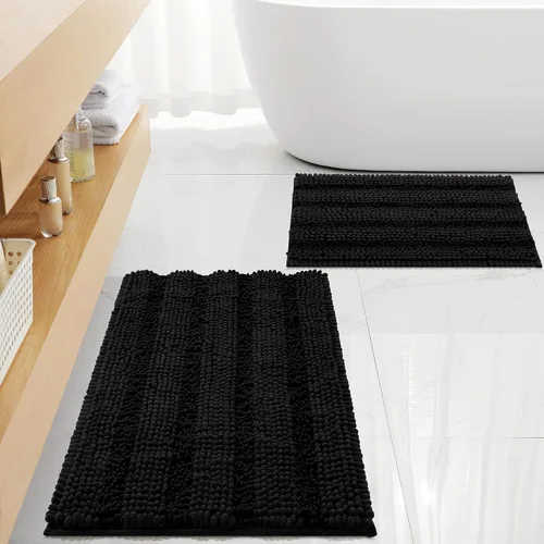 FLOLEOPA Juego de 2 tapetes de baño de felpilla gruesa y peluda, antideslizantes, parte inferior de goma termofusible para baño, alfombras de baño