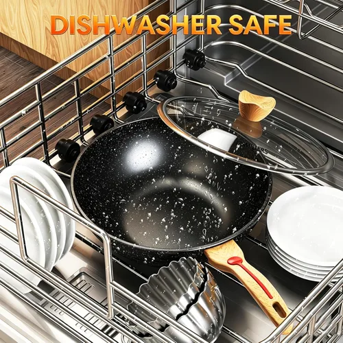 Miniatura 7 de ITSMILLERS Wok antiadherente de aluminio fundido a presión chino, resistente a los arañazos con tapa y espátula, sin PFOA, apto para lavavajillas