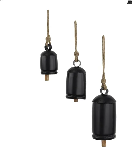 Miniatura 10 de Deco 79 - Campanas de vaca gigantes XL decorativas de metal dorado con cuerda de yute para colgar, juego de 3 campanas de 10 pulgadas, 8 pulgadas