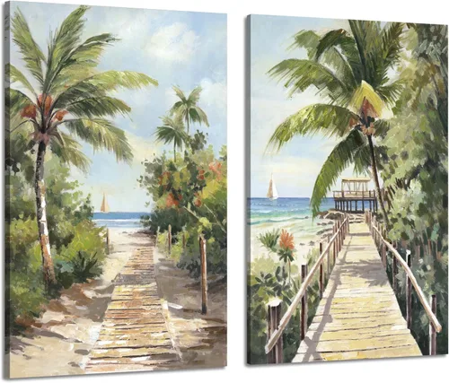 Miniatura 10 de ARTISTIC PATH Arte de Pared en Lienzo de Playa Tropical - 2 Piezas Pintura de Palmeras Imágenes de Paisajes Costeros del Océano Impresiones