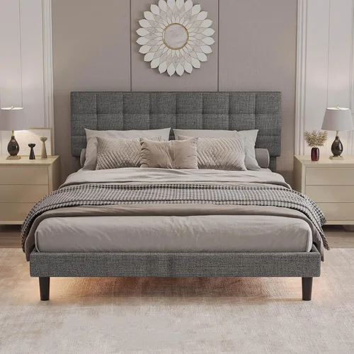 Miniatura 8 de Base de cama moderna de plataforma tapizada de tamaño Queen, marco de cama de lino con luces, cabecera ajustable con costuras cuadradas, sistema