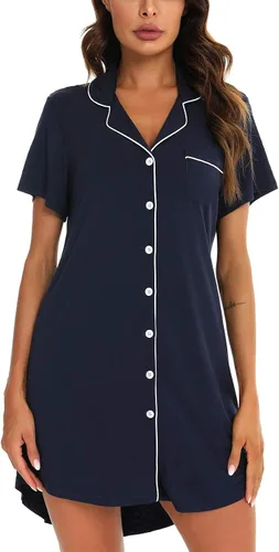 Miniatura 37 de Samring Camisón de pijama para mujer, manga corta/larga, con botones, camisón para dormir, camisón para novio, talla XXL