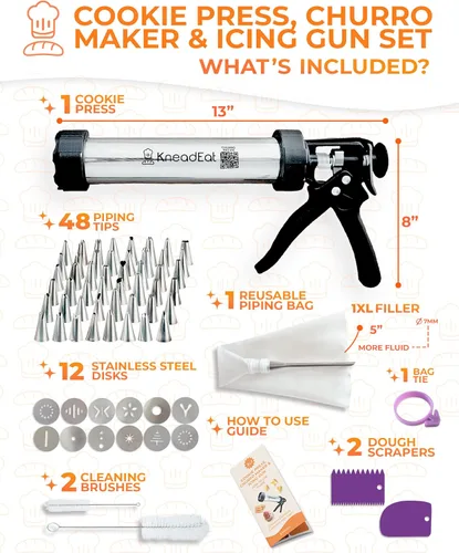 Miniatura 2 de KneadEat Premium Kit de 68 piezas para hacer churros - Pistola de prensa de galletas tipo spritz - Pistola de glaseado. 12 discos para galletas