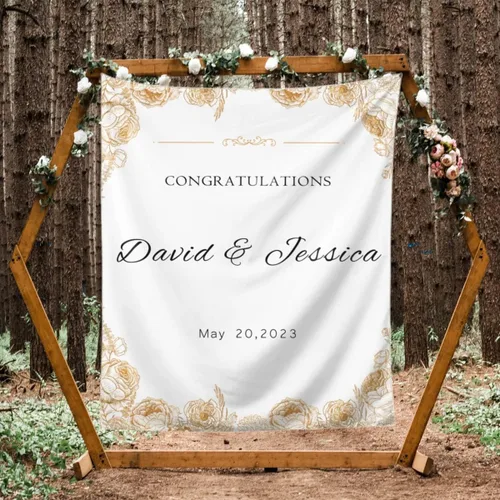Miniatura 9 de Telón de fondo de boda personalizado, tapiz de felicitaciones de flores coloridas personalizado con nombres y fecha, pancarta de boda personalizada