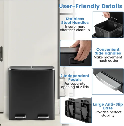 Miniatura 6 de Goplus Basurero doble de 60 litros (2 x 30 L)/16 galones de acero inoxidable, cubo de basura rectangular con cubos interiores y tapas con bisagras