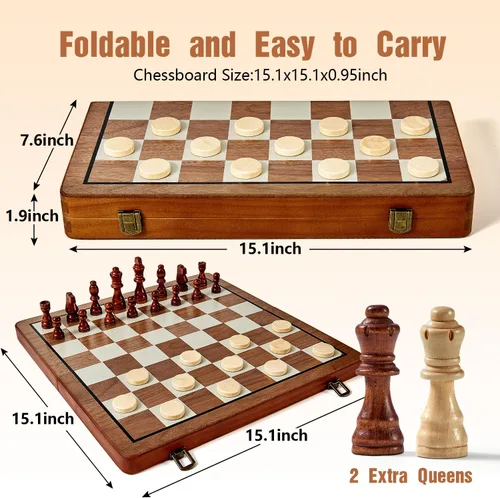Miniatura 6 de MerryPony Juego de ajedrez y damas de madera magnético 2 en 1, juego de ajedrez plegable de 15 pulgadas para adultos y niños, tablero de ajedrez
