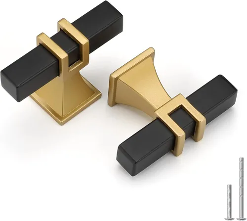 Miniatura 13 de Haliwu Paquete de 5 tiradores de gabinete con barra en T negra y dorada de 3 pulgadas, tiradores de puerta para armarios de cocina, manijas de zinc