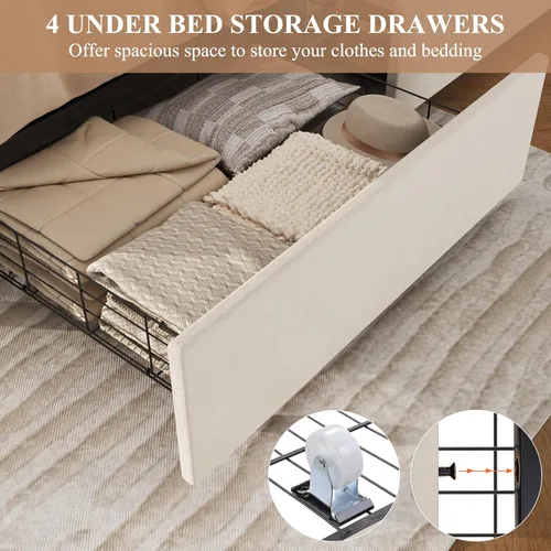 Miniatura 5 de Keyluv - Marco de cama tapizado moderno con 4 cajones de almacenamiento, diseño de cabecera con botones, soporte de listones de madera maciza, fácil