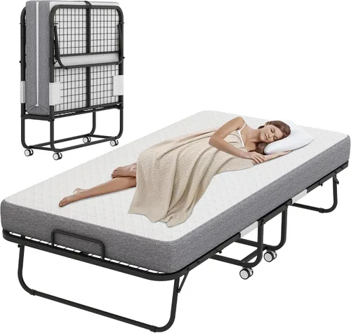 Espsilto Cama plegable tamaño cuna con colchón para adultos, cama plegable portátil de 75 x 31 pulgadas para invitados, ahorro de espacio y fácil