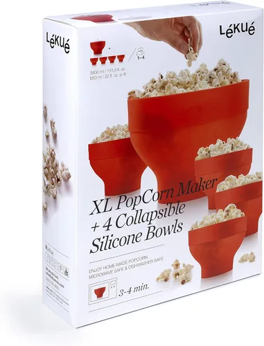 Miniatura 2 de Lekue Máquina para hacer palomitas de maíz jumbo con 4 cuencos plegables, juego de cuencos de silicona platino para palomitas de maíz