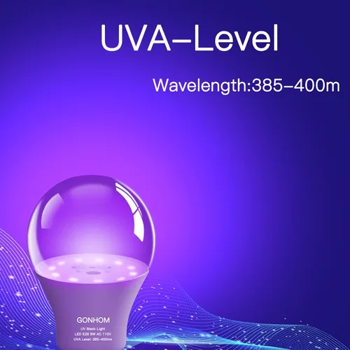 Miniatura 3 de Gonhom Paquete de 2 bombillas LED negras A19, regulables de 9 W (equivalente a 100 W), base E26 de 110 V, nivel UVA 385-400 nm, brilla