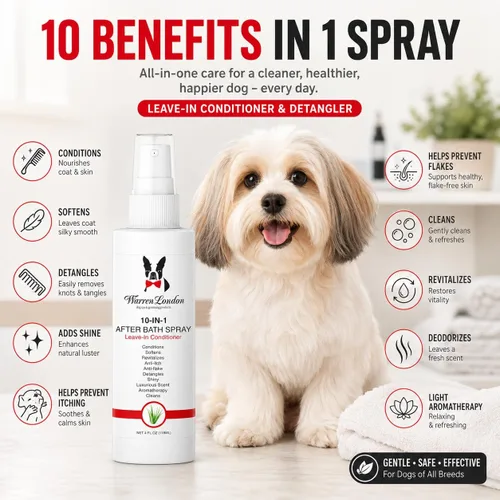 Miniatura 5 de Warren London Aerosol 10 en 1 para después del baño para perros, acondicionador y desenredante para perros, espray de aseo para mascotas con aloe