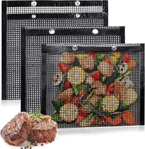Bolsas de malla para parrilla de barbacoa reutilizables para parrillas al aire libre, 3 bolsas antiadherentes para parrillas eléctricas de gas