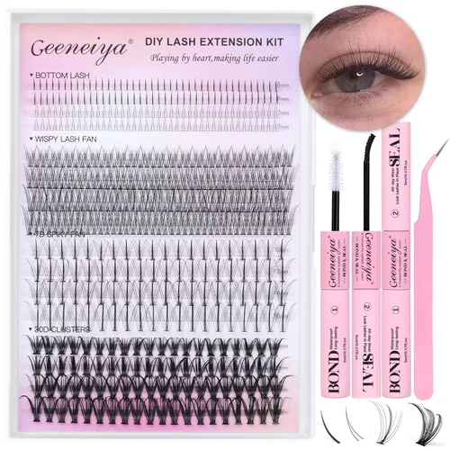 Kit de racimos de pestañas Geeneiya, kit de extensión de pestañas individuales DIY, kit de extensión de pestañas de múltiples tipos con pestañas