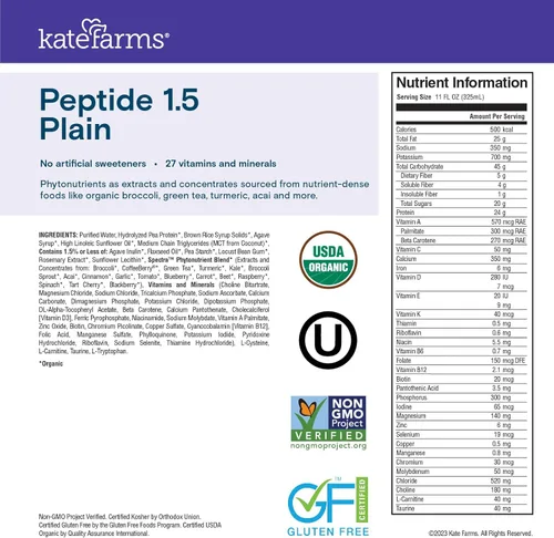 Miniatura 6 de KATE FARMS Fórmula Orgánica de Péptidos para Adultos 1.5, Natural, Fuente Única, Nutrición a Base de Plantas Hidrolizada para Alimentación Oral