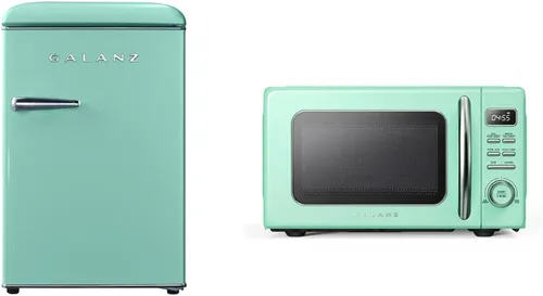 Galanz GLR25MGNR10 - Refrigerador compacto retro, mini refrigerador y horno microondas retro GLCMKZ07GNR07 con cocción y recalentamiento automático,