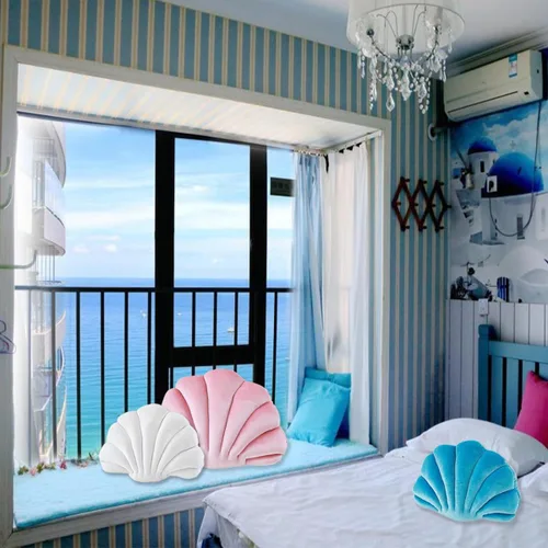 Miniatura 5 de Almohada con forma de concha de mar, almohada de terciopelo azul, almohada de felpa con temática de mar y océano, almohada decorativa para cama