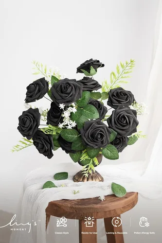 Miniatura 2 de Ling's Moment - Flores Artificiales, 50 Piezas, Rosas Negras con Tallos, 3" de Tacto Real, DIY, Flores de Espuma para Ramo de Boda/Centros de Mesa