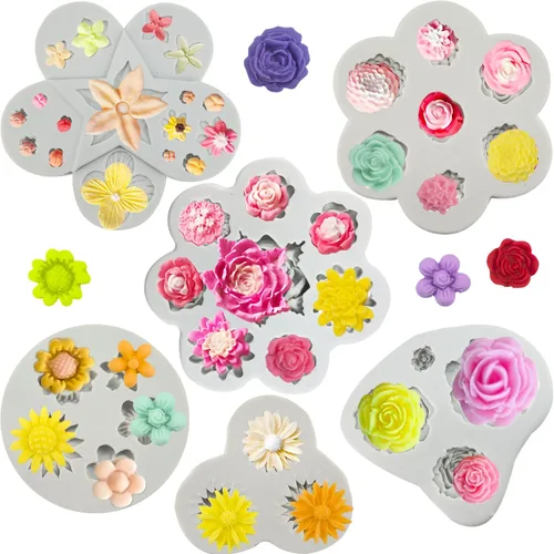 6 moldes de flores de silicona para chocolate, molde de margarita y fondant, molde de caramelo de rosa, molde de resina de arcilla de polímero,