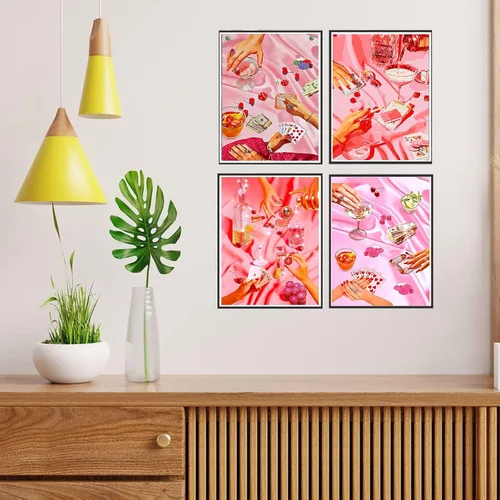 Miniatura 4 de KICHANG Juego de 4 piezas de pintura de diamante vintage rosa para adultos, kits de arte de diamantes 5D, diamantes redondos de taladro completo