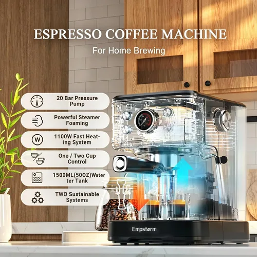 Miniatura 3 de Empstorm Máquina de Espresso de 20 Bar con Espumador de Leche al Vapor, Cafetera de Espresso Compatible con Cápsulas Originales NS 2 EN 1, Máquina