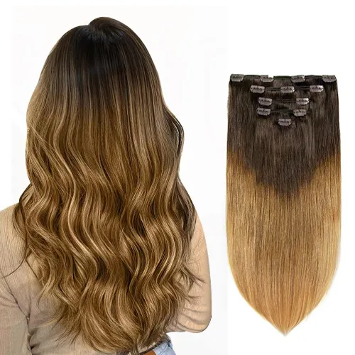 Miniatura 8 de 5 Piezas de extensiones de cabello humano Remy con clip - Extensiones de cabello real sedoso, corto y grueso para mujeres y niñas