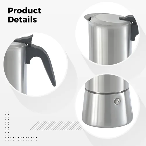 Miniatura 5 de Olla grande Moka de 10.14 oz / 10.1 fl oz, máquina de cocina de acero inoxidable 304, cafetera italiana con capacidad de 4-6 tazas, válvula doble