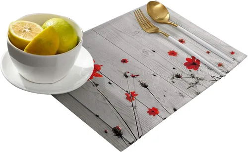 Miniatura 2 de Juego de 6 manteles individuales de flores de amapola roja para mesa de comedor, manteles individuales de lino de algodón gris rústico