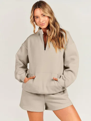 Miniatura 3 de ANRABESS Conjunto de 2 piezas para mujer, sudadera y pantalones cortos, de gran tamaño, casual, conjunto de sudadera para descansar, conjunto