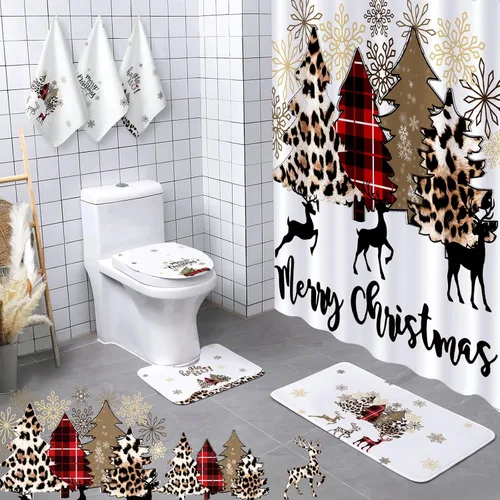 Miniatura 7 de Newwiee 7 piezas de juego de baño de Navidad, cortina de ducha de Navidad, cortina de ducha decorativa antideslizante, alfombras y toallas