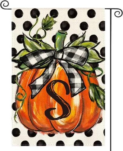 AVOIN colorlife Bandera de jardín con monograma de otoño con letra S, diseño de calabaza, con diseño de lunares, 12 x 18 pulgadas, doble cara en el