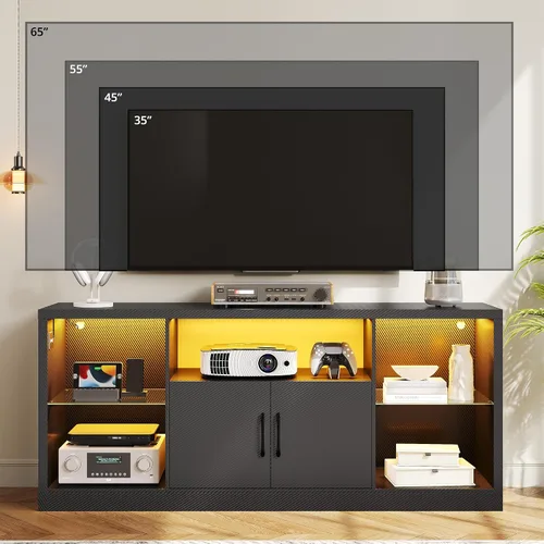Miniatura 4 de IRONCK Soporte de TV para televisores de 65 pulgadas con toma de corriente y luces LED, centro de entretenimiento de fibra de carbono con gabinetes