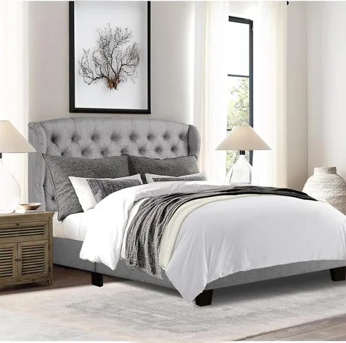 Miniatura 10 de Rosevera Marcelle - Marco de cama con respaldo de alas con cabecera ajustable de diseño distintivo, tapizado con botones para dormitorio, soporte