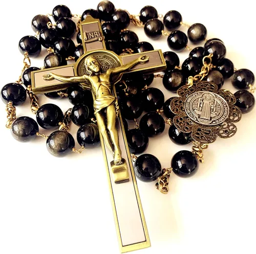 elegantmedical Caja de regalo católica de cruz de rosario grande hecha a mano con cuentas de obsidiana de oro negro de 0.787 in, Obsidiana dorada