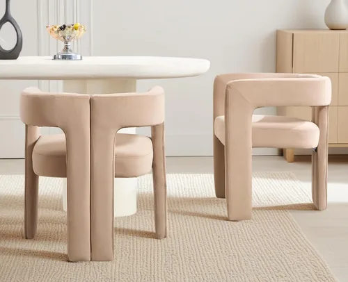 Miniatura 13 de CIMOTA Juego de 2 sillas de comedor modernas de barril, sillas acentuadas tapizadas en tela de lino con brazos/patas de madera/espalda abierta