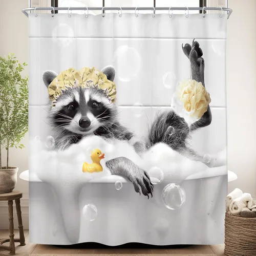 Riyidecor: Cortina para ducha con diseño de mapache gracioso para niños, estilo granja, rústico, vintage, gris, animales salvajes, lindo, de 60