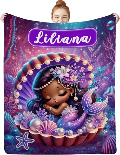 Miniatura 18 de Regalos de sirena para niñas africanas, manta de bebé personalizada con nombre para bebés recién nacidos, manta personalizada para niñas negras