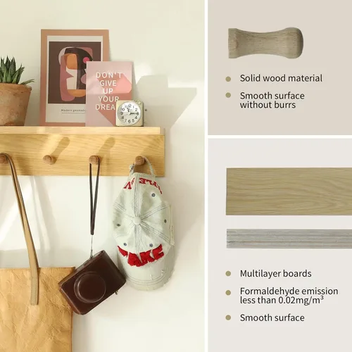 Miniatura 5 de Perchero de pared con estante, estante flotante de madera resistente con ganchos para ahorrar espacio interior, organizador de pared adecuado