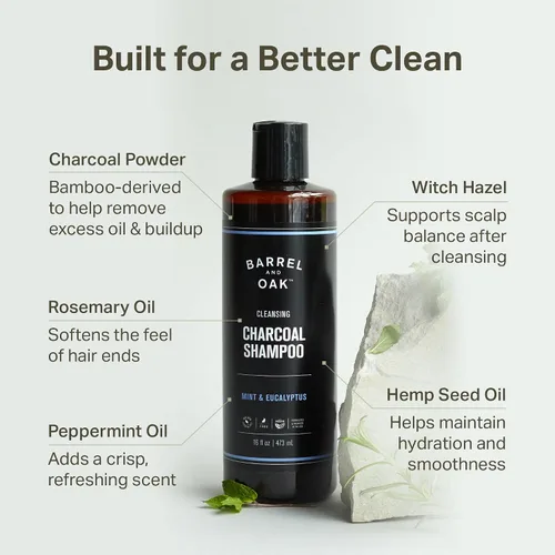 Miniatura 3 de Barrel & Oak Champú de carbón de menta y eucalipto para hombres, champú limpiador para hombres con extractos botánicos y aceites esenciales, cuidado