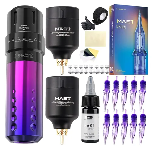 Miniatura 10 de Mast Tattoo Kit de pistola de tatuaje con cable e inalámbrica, máquina de tatuaje rotativa con 6 tiempos, 0.102-0.157 in, 2 baterías, 10 agujas