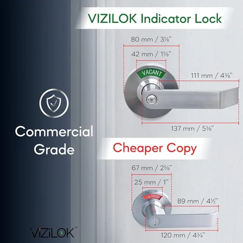 Miniatura 4 de VIZILOK Cerradura de puerta comercial para privacidad del baño, seguridad, cerradura indicadora estándar en cromo satinado, grado ANSi 2, perfecta