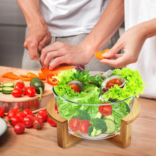 Miniatura 7 de Ensaladera grande de vidrio con base de madera, 84.5 fl oz, resistente al calor, para frutas, aperitivos, postres, microondas y lavavajillas, ideal