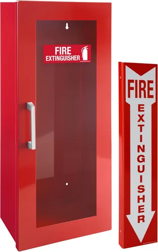 Soporte y letrero para extintor de incendios, gabinete rojo con puerta, acero de calibre 22, acabado de recubrimiento en polvo, mango de metal,